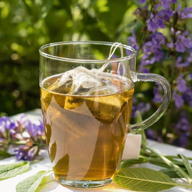 Té de hierbas con hierbas medicinales como salvia y flores moradas, que representan remedios naturales para los resfriados y la gripe.